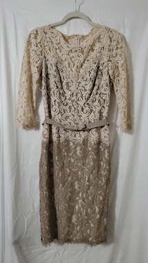 Tadashi Shoji Two-Tone Corded Lace Sheath Dress with Ribbon Belt, Size 4